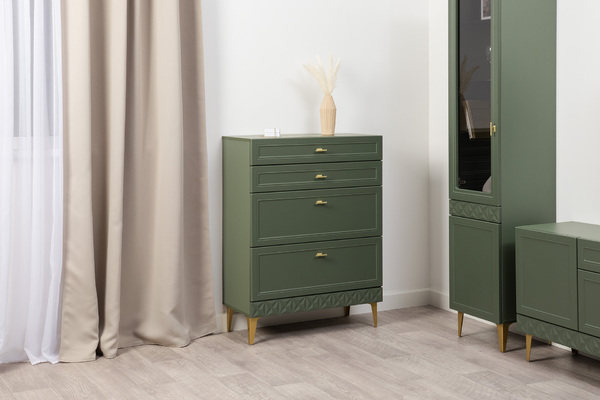 Гостиная Марион композиция 1 дымчатый зеленый K521, олива шагрень AG 1050 ПВХ, белый PE шагрень (собирается на любую сторону)