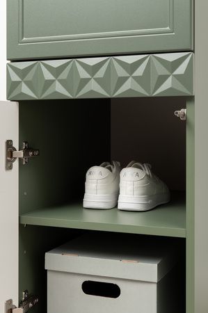 Шкаф-пенал Марион 16.340.01 дымчатый зеленый K521, олива шагрень AG 1050 ПВХ (собирается на любую сторону)