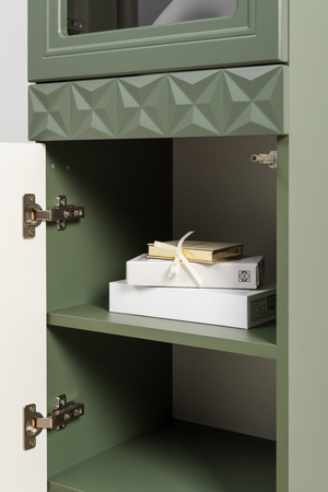 Шкаф-витрина Марион 16.397.01 дымчатый зеленый K521, олива шагрень AG 1050 ПВХ (собирается на любую сторону)