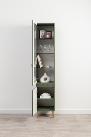 Шкаф-витрина Марион 16.397.01 дымчатый зеленый K521, олива шагрень AG 1050 ПВХ (собирается на любую сторону)