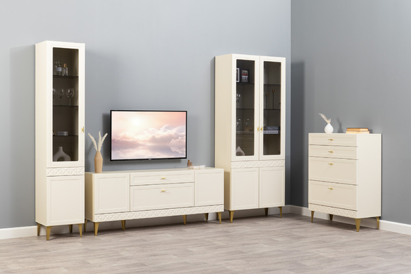 Шкаф-витрина Марион 16.397.01 слоновая кость С341 PE, слоновая кость 6898 ПВХ (собирается на любую сторону)