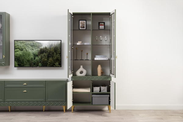 Шкаф-витрина Марион 16.397.02 дымчатый зеленый K521, олива шагрень AG 1050 ПВХ