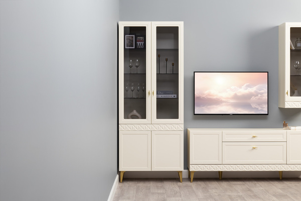 Гостиная Марион композиция 1 слоновая кость С341 PE, слоновая кость 6898 ПВХ, белый PE шагрень (собирается на любую сторону)