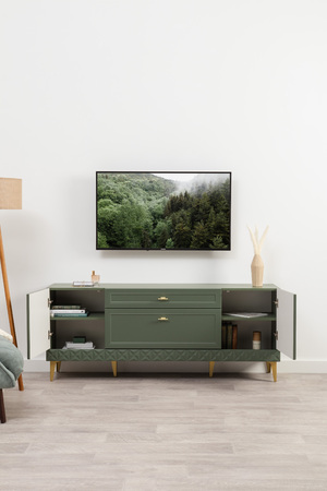 Гостиная Марион композиция 2 дымчатый зеленый K521, олива шагрень AG 1050 ПВХ, белый PE шагрень (собирается на любую сторону)