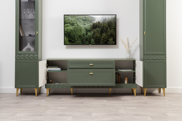 Гостиная Марион композиция 2 дымчатый зеленый K521, олива шагрень AG 1050 ПВХ, белый PE шагрень (собирается на любую сторону)