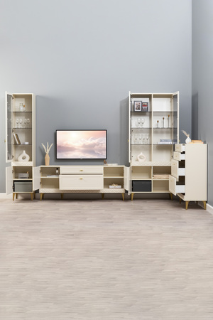 Гостиная Марион композиция 3 слоновая кость С341 PE, слоновая кость 6898 ПВХ, белый PE шагрень (собирается на любую сторону)