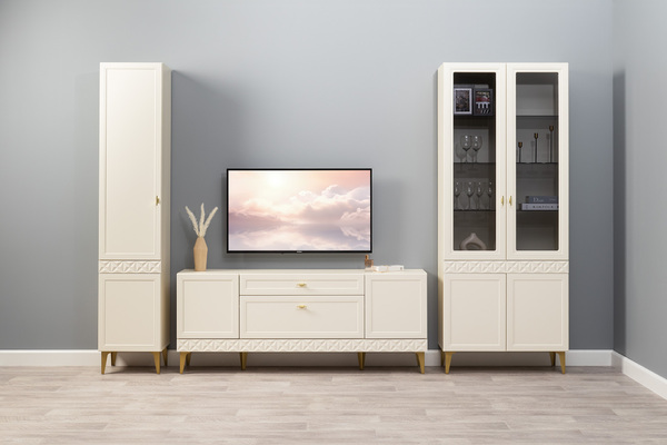 Гостиная Марион композиция 1 слоновая кость С341 PE, слоновая кость 6898 ПВХ, белый PE шагрень (собирается на любую сторону)