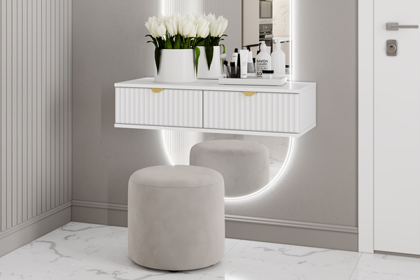 Прихожая Дакота композиция 2 меренга, белый, с пуфом Альба 450 велюр ультра смог/ultra smoke